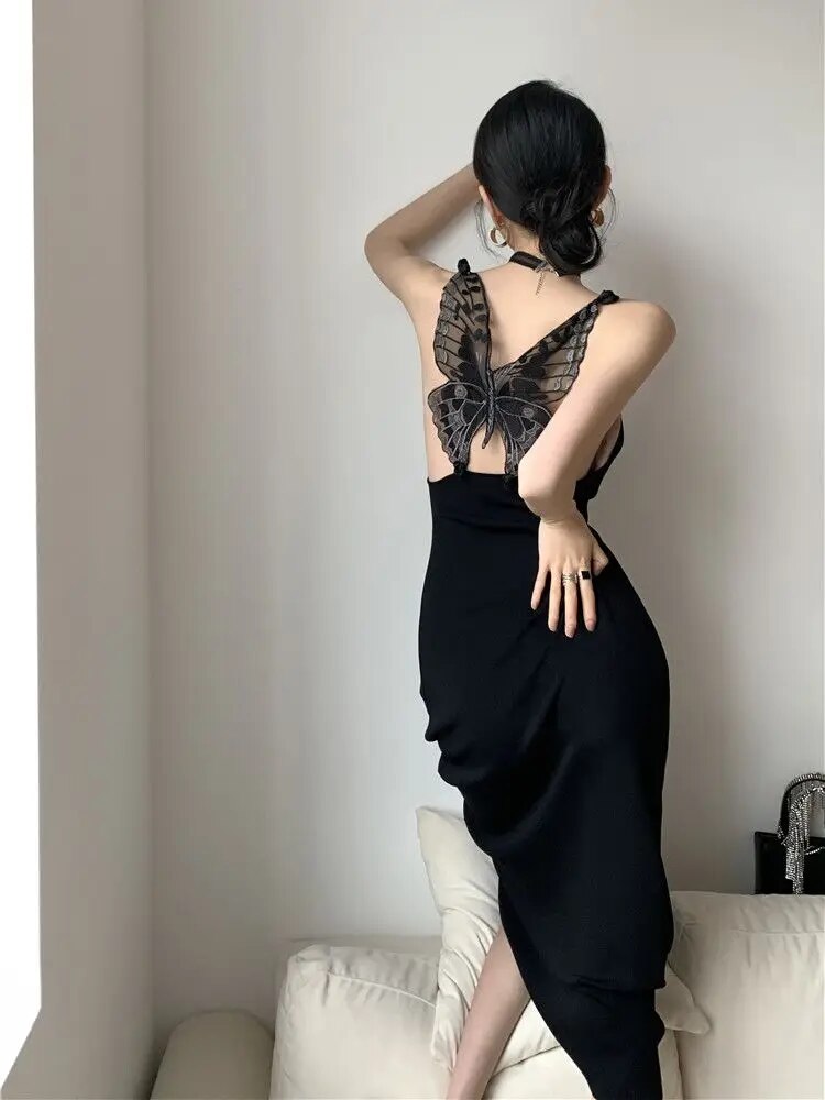 Backless Butterfly Elegant Long Sexy Dress Women Summer Spaghetti Strap Black Bodycon Ladies Midi Night Club Dress