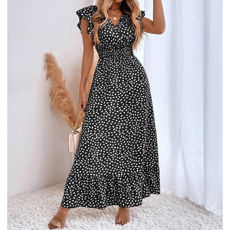 Casual Polka Dot Dress Women Summer V Neck Sleeveless High Waist A-line Long Dresses Boho Beach Sundress Chiffon Dress Vestidos