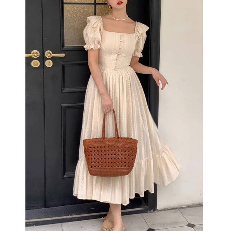 Elegant Square Collar White Dress Summer Fashion Puff Sleeve Ruffle Dress for Women Chic Vintage Maxi Dresses New