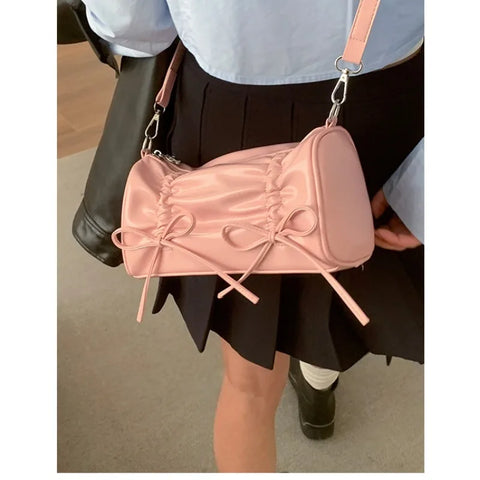 Pleated Pink Women Shoulder Bag Bow Pillow Leather Sweet Elegant Fashion Handbag Gentle Casual Exquisite Ladies Armpit Bag