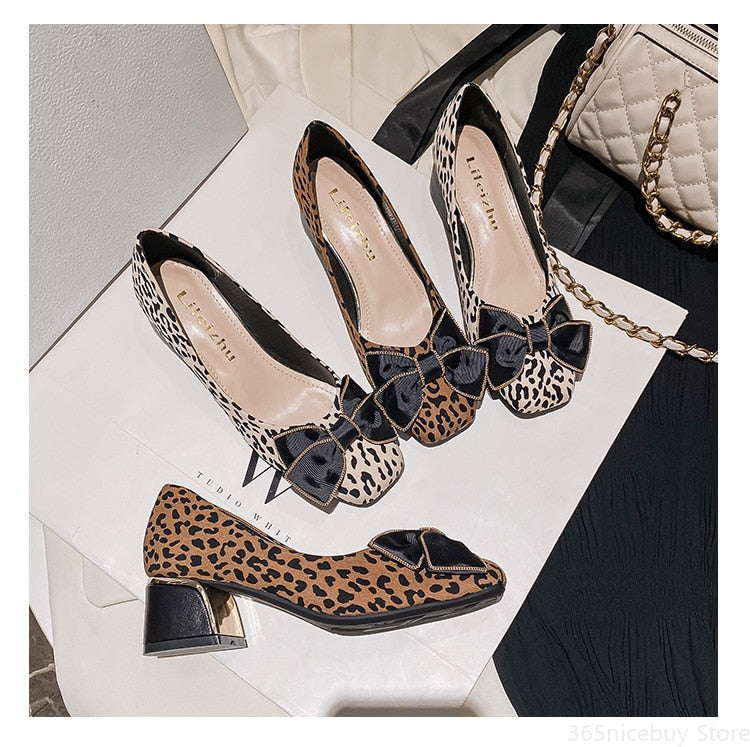 Women High Heels Shoes Ladies Bowknot Loafers Chunky Heels Leopard Pumps OL Casual Leather Casual Shoes Plus Size 35-43