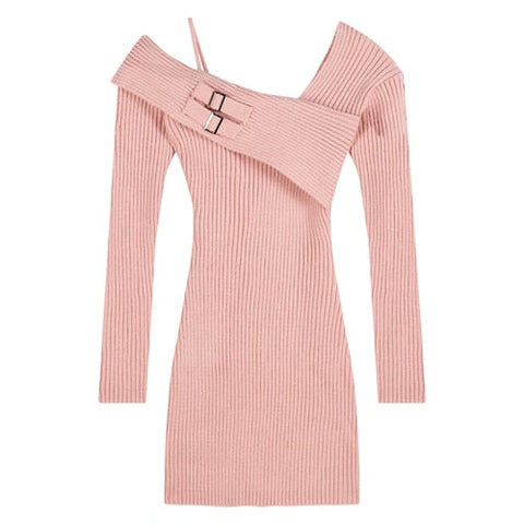 Elegant One Piece Dress Korean Fashion Winter Sexy Bodycon Y2k Mini Dress Woman Long Sleeve Solid Knitted Dress Slim Casual