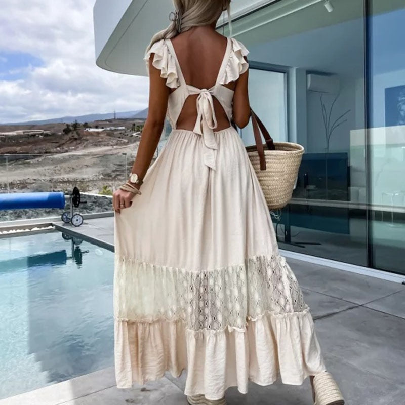 Elegant Lace Embroidery Stitch Pleated Dresses Womem Fashion Stand Collar Button-up Linen Party Dress Chic Hollow Formal Dress