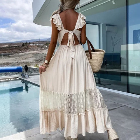 Elegant Lace Embroidery Stitch Pleated Dresses Womem Fashion Stand Collar Button-up Linen Party Dress Chic Hollow Formal Dress