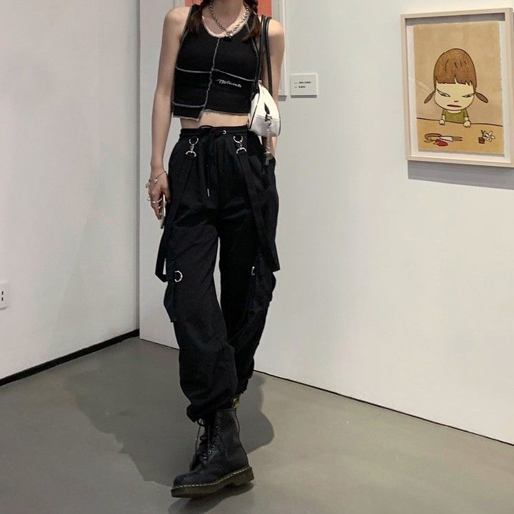 Gothic Cargo Pants Women Harajuku Black High Waisted Hippie Streetwear Kpop Oversize Mall Goth Wide Trousers For Female