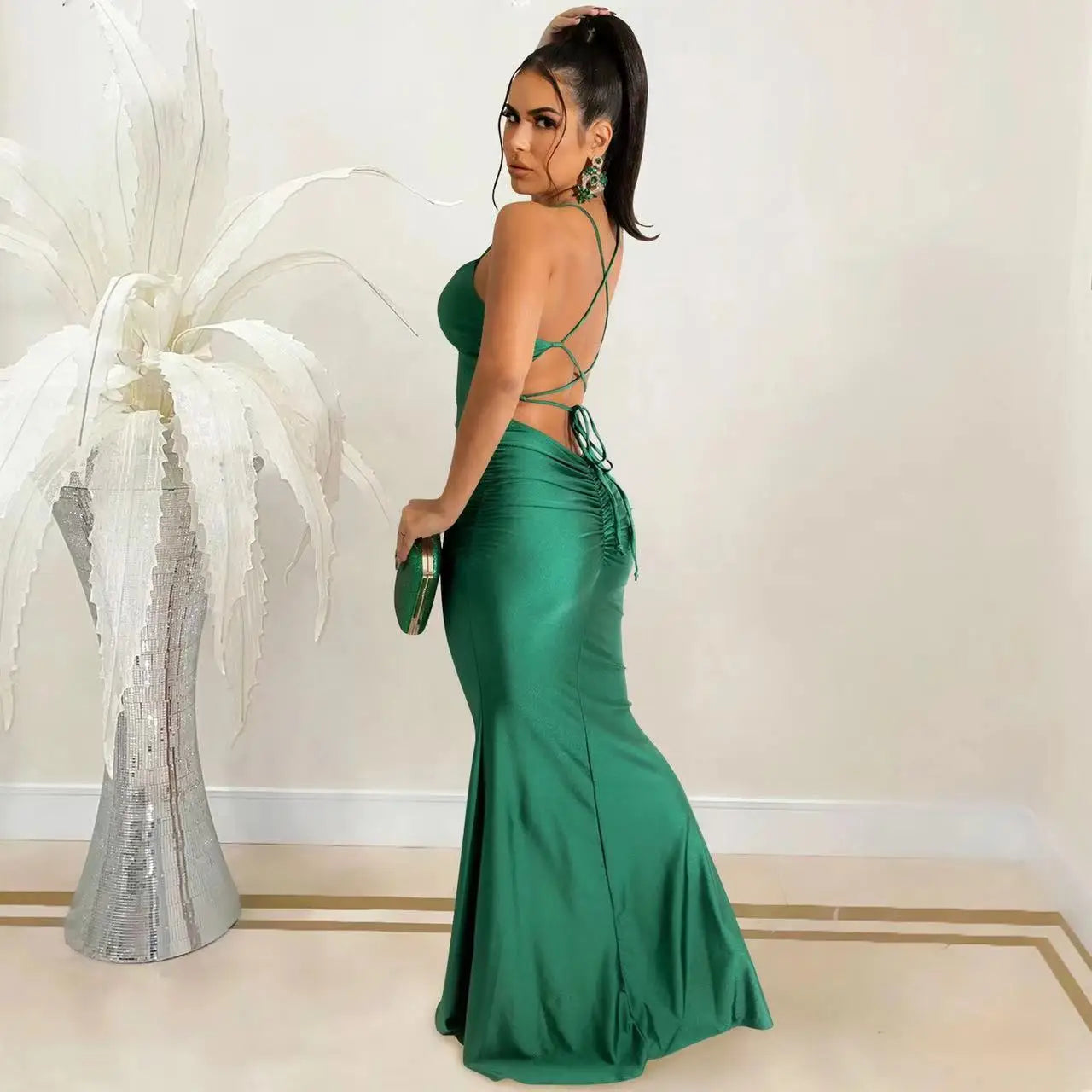 New Lace Up Women Solid Satin Maxi Dress Backless Bodycon Sexy Streetwear Party Elegant Festival Evening Summer Long Dress