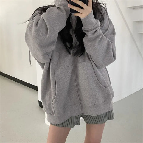 Harajuku Women Sweatshirts Korean Version Oversized Solid Zip Up Hoodies Jacket Retro Long Sleeve Fleece Hooded Sweatshirt Coats