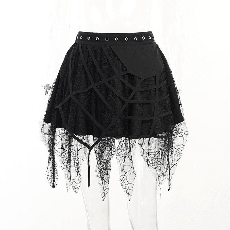 Goth Dark Spider Web Punk Mesh Tassel Mini Skirts Mall Gothic Grunge High Waist A-line Skirt For Women Eyelet Party Clothes