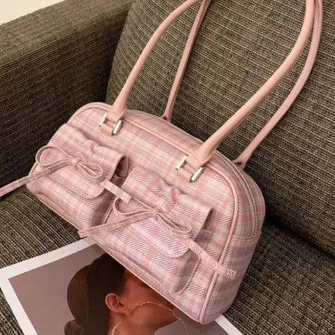 Pink Elegant Womens Shoulder Bag Plaid Bow Vintage Leather Cute Leather Handbag Casual Sweet Bow Exquisite New Armpit Bag