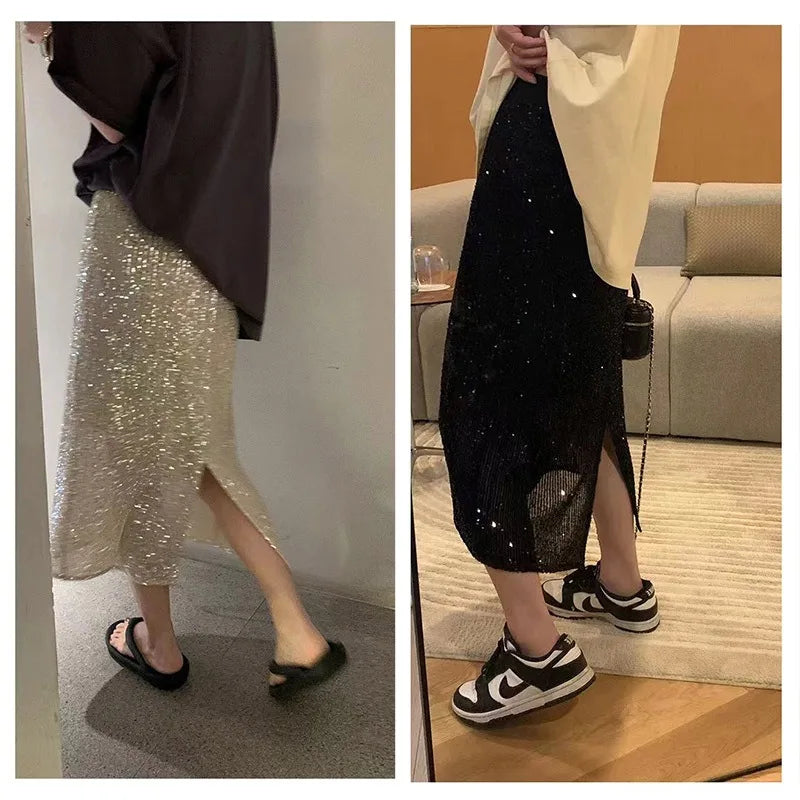 Fashion Sequins Straight Fairy Black Long Skirts for Women High Waist Summer Patchwork Split A-line Wrap Skirt Korean Style