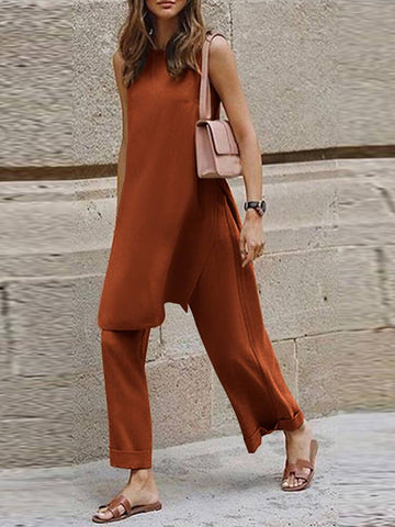 Pbong Fashion 2pcs Sets Women Asymmetrical Side Slit Sleeveless Long Tank Top Casual Folding Wide Leg Trousers Celmia Street Pant Sets