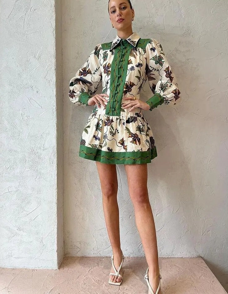 Vintage Floral Print Mini Dress Women Long Lantern Sleeve Single Breasted Fashion Holiday Dresses Summer Loose Casual New