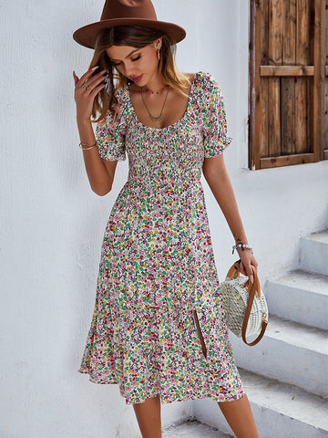 Print Dress Women Summer Holiday Midi Dress Casual Puff Sleeve High Waist Boho Split Dresses For Women Clothes