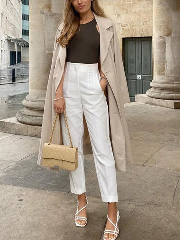 Woman Casual Solid High Waisted Pants Spring Elegant Female Basic Pocket Pant Office Ladies 14 Color Pant