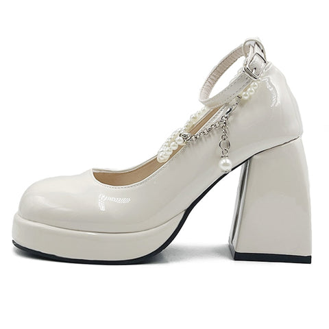 Vintage High Heels Mary Jane Shoes for Women  Patent Leather Platform Pumps Woman Pearls Chain Thick-Heeled Shoes Female