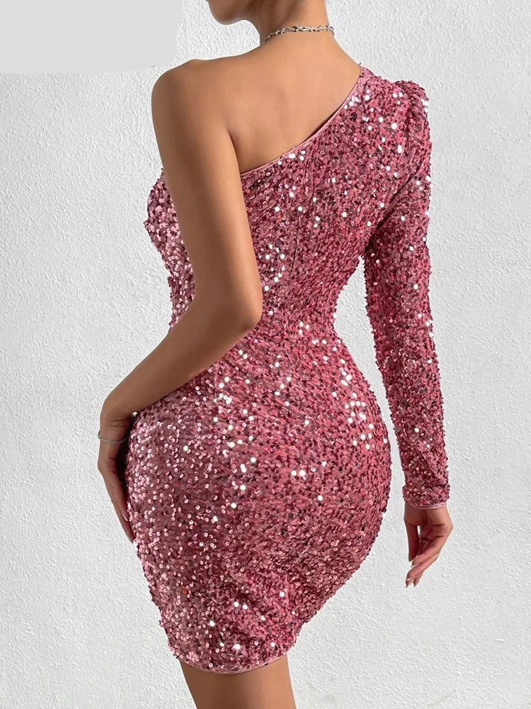 Glitter Sequin Mini Dress For Women Backless Sexy Nightclub Party Dress Slim One Shoulder Long Sleeves Autumn Vestidos