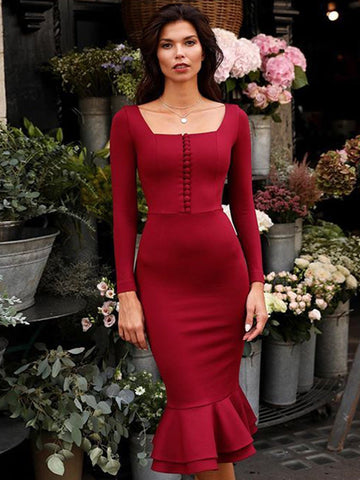 New Autumn Winter Women Apricot Bodycon Bandage Dress Sexy Mermaid Long Sleeve Lady Club Celebrity Runway Party Dress