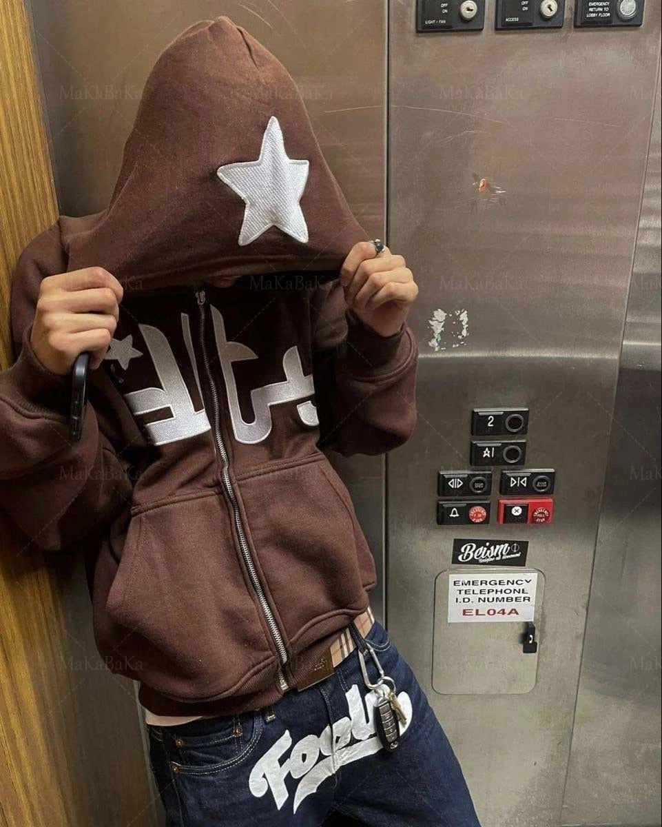 Vintage Star Pattern Hoodie Women Men Fairy Grunge Long Sleeve Zipper Jacket Harajuku Oversize Sweatshirt Streetwear Y2K Clothes