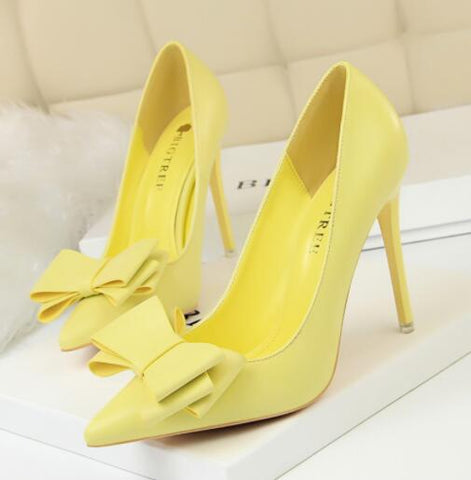 BIGTREE  Fashion Delicate Sweet Bowknot High Heel Shoes Side Hollow Pointed Women Pumps Pointed Toe 10.5CM thin Dress Shoes