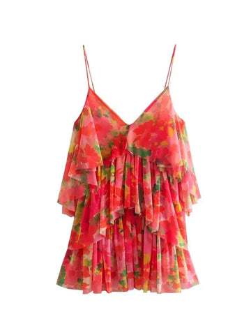 Women Sexy V Neck Tropical Floral Print Pleat Ruffles Sling Mini Dress Female Chic Backless Summer Mesh