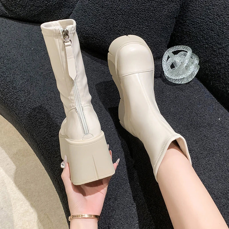 Women Boots High Heels Winter Footwear Shoes Round Toe Boots-Women Clogs Platform Zipper Stiletto Mid-Calf Mid Calf Autumn