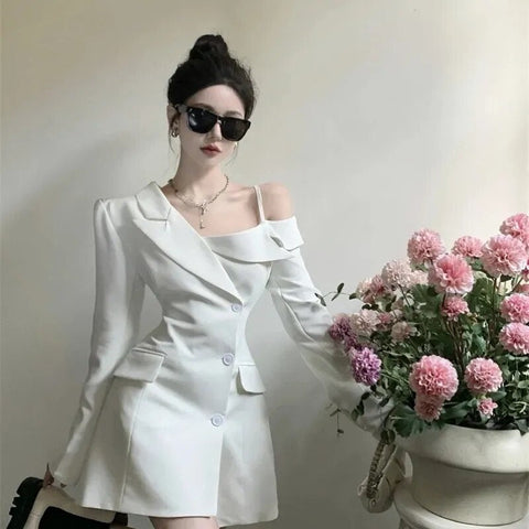 Chic Korean Fashion Dress Women Elegant Temperament Off Shoulder Dresses Spring 2023 Irregular Slim Button Up Blazer Dress