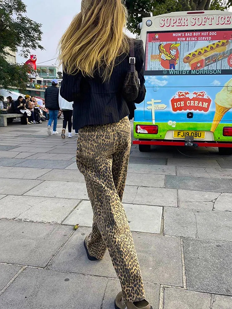 Y2k Leopard Print Women Pants  Spring Chic Loose High Waist Wide Leg Panther Pant Ladies Fashion High Street Jean Trousers