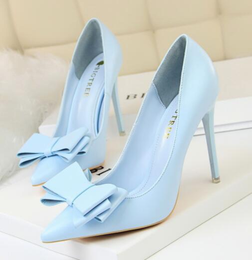 BIGTREE  Fashion Delicate Sweet Bowknot High Heel Shoes Side Hollow Pointed Women Pumps Pointed Toe 10.5CM thin Dress Shoes