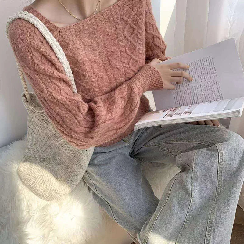 Casual Knitted Sweater Women Pullover  Autumn Winter Soft Thick Warm Wool Jumper Female All-Match Square Collar Sweaters