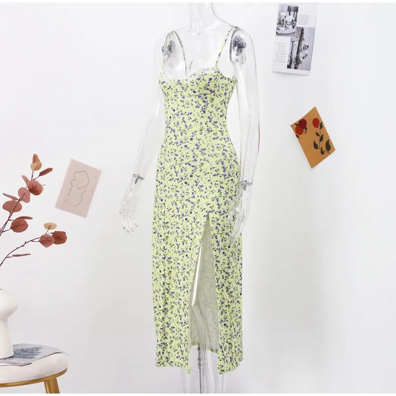 Sexy Floral Printed Blue Dress Women High Split Sleeveless Lace Female Dresses Summer Fashion Elegant Slim Lady Robe