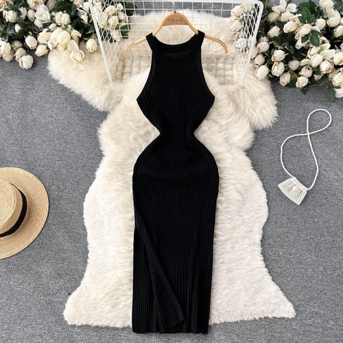 Halter Sleeveless split Basic Elastic Knit Bodycon Dress French Sexy Chic Elegant Party Vestidos Women Summer Slim Women Dress