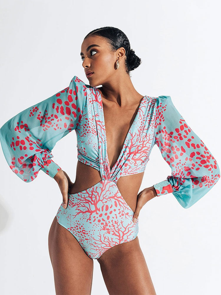 V- Neck Bandage Print Long Sleeve Swimwear Women Monokini Sexy Bathing Suit String Backless Beachwear Pus Size L47