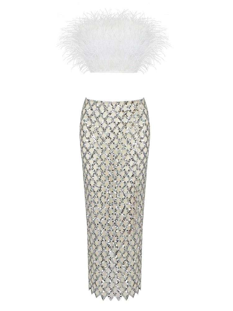 Sexy Luxury Sequins Feather Strapless Top+ Skirt Two Piece Set White Black Off Shoulde Sequins Mesh Splice Bodycon Two Piece Set