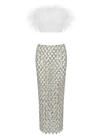 Sexy Luxury Sequins Feather Strapless Top+ Skirt Two Piece Set White Black Off Shoulde Sequins Mesh Splice Bodycon Two Piece Set