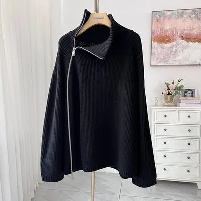 autumn and winter new 100% pure cashmere cardigan women's high neck mid-long zipper sweater loose knit coat