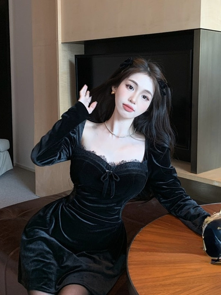 Gothic Vintage Balck Long Sleeve Dress Woman Elegant Fashion Velvet Midi Dress Korean Style Even Party Dress Casual Spring