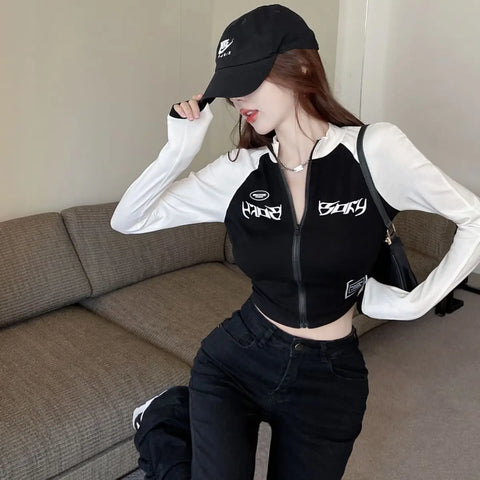 Cyber Y2k T-shirt Women Spring Long Sleeve Crop Top Letter Korean Style Fashion Vintage High Street Skinny Tees Streetwear