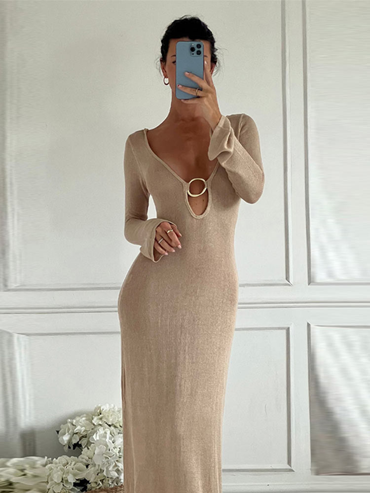 Solid Sexy Hollow Out Backless Female Knitted Dress Deep V Neck Long Sleeve Maxi Dresses Lady Beach Vocation Party Vestidos