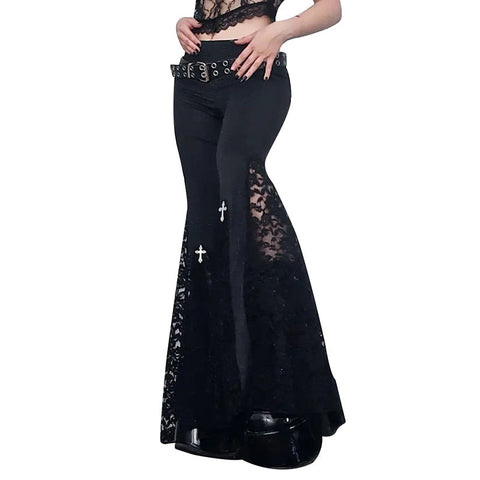 Goth Mall Flare Pants Sexy Black Lace Patchwork High Waist Vintage Harajuku Hippie Punk Grunge Streetwear  Y2k Pants