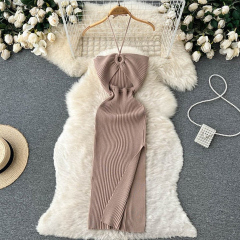 Halter Crochet Bodycon Dress Cut Out Sexy Split Dresses Off Shoulder Backless Party Vestido Korean Women Chic Fashion Robe Y2k