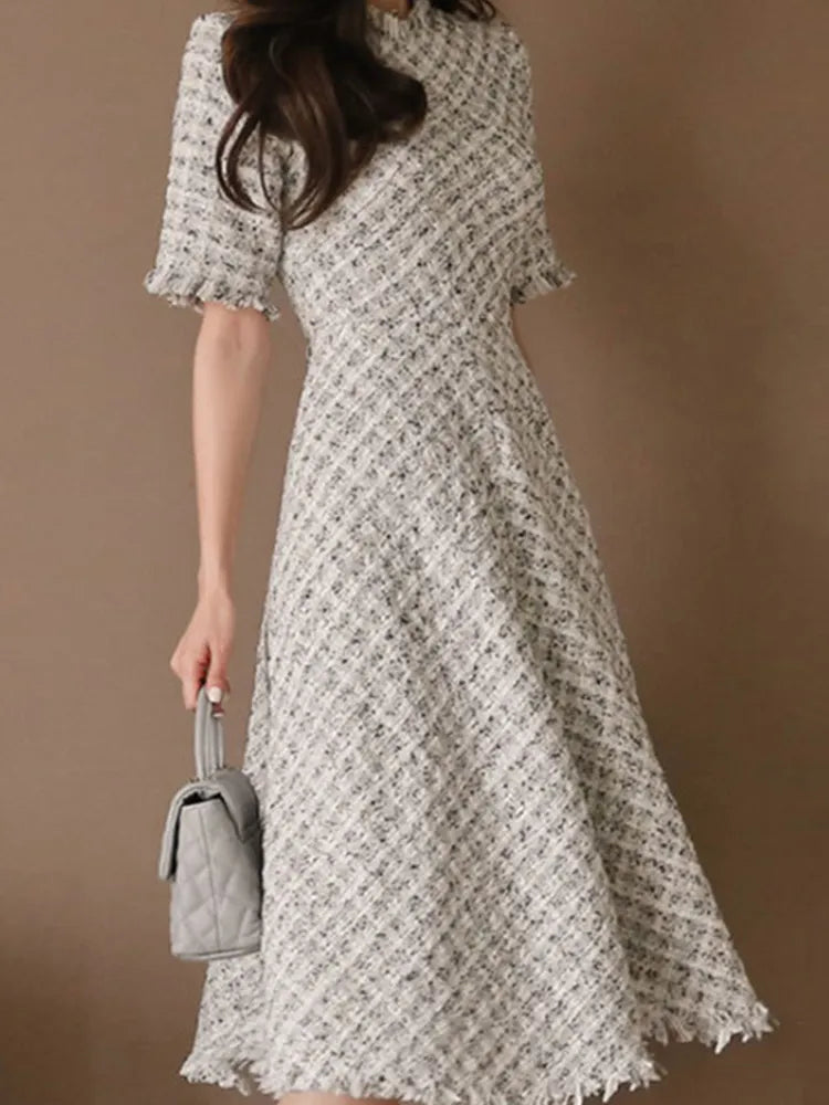 Fashion Korean Elegant Midi Tweed Dress Women Luxury Chic Casual Plaid Slim Gown Robe Femme Ladies Female Mujer Party Vestidos