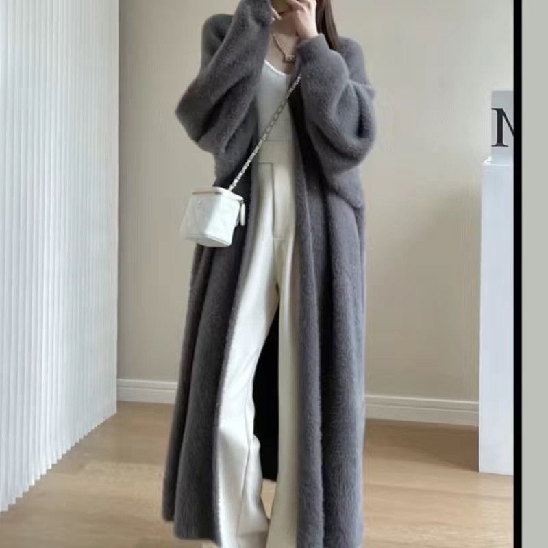 Imitation Mink Long Cardigan Women Casual Loose Soft Sweater Gilet Elegant Fall Winter Fluffy Knitwear Jackets Warm Knit