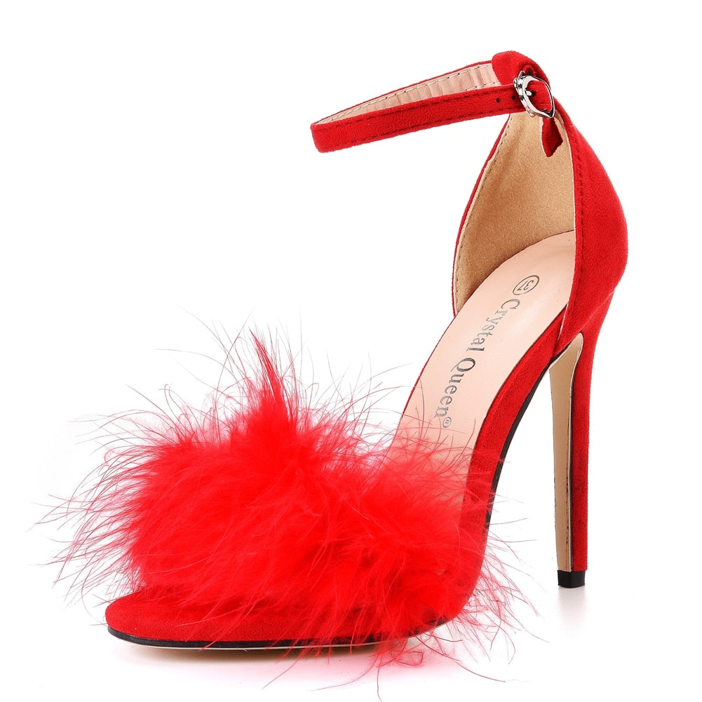 Crystal Queen Women Summer Sandals Fluffy Peep Toe Stilettos High Heels  Fur Feather Lady Wedding Shoes  Large Size 42