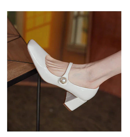 Rimocy Pearl Patent Leather High Heels Mary Janes Woman Spring Elegant Square Toe Women's Pumps Red Office Ladies Shoes