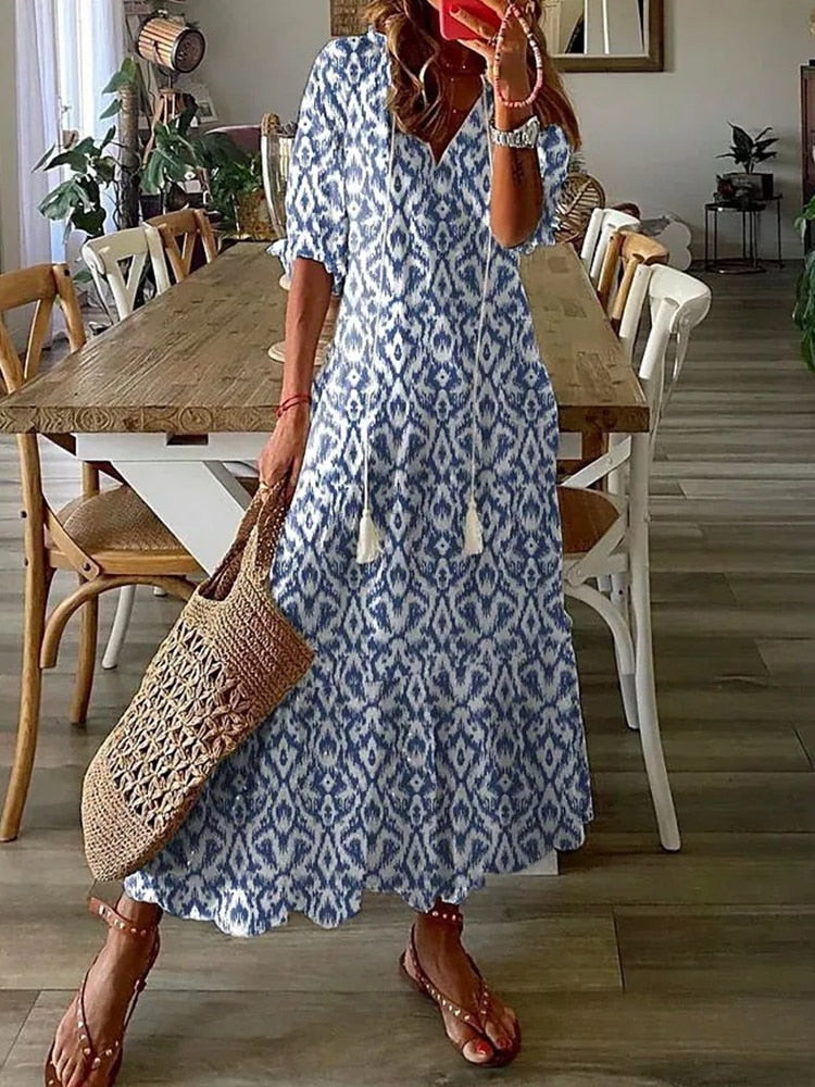 Sexy Women V Neck Party Dresses Vintage Printed Boho Long Dresses Elegant Flying Sleeve Fashion Sexy Slim Maxi Dress Mujer