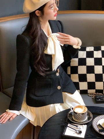 Winter Elegant Two Piece Set Women Korean Fashion Bow Sweet Party Dress Set Female Long Sleeve France Chic Mini Dress Suit