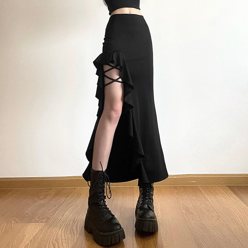 Goth Dark High Split Ruffles Side Y2k Maxi Skirts Elegant Mall Gothic Bandage Sexy Partywear Women Grunge High Waist Long Skirt