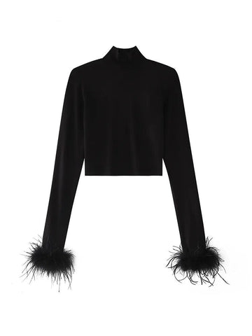 Women's Basic Black T-shirts Ladies Turtleneck Crop Tops Fit Skinny Tops Long Sleeve Ostrich Feather Streetwear Outfits