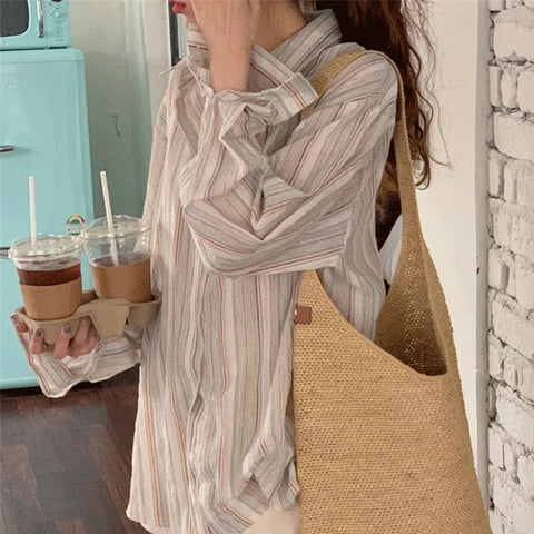 Vintage Striped Shirts Women Korean Fashion Simple Long Sleeve Turn Down Collar Blouse Office Lady Casual Loose Thin Tops