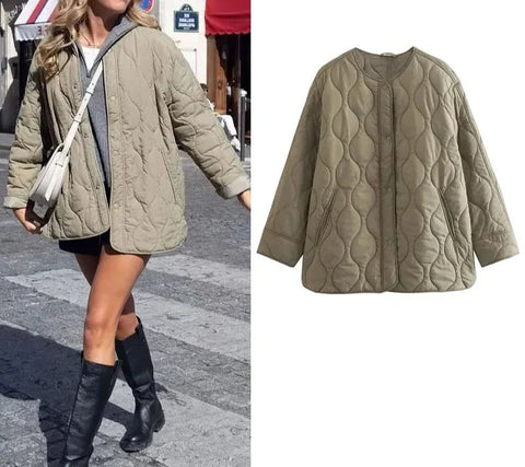 Quilted Jacket For Women Autumn Winter Long Sleeve O-Neck Outerwear Elegant Luxury Designer Quilted Jacket Women Trend